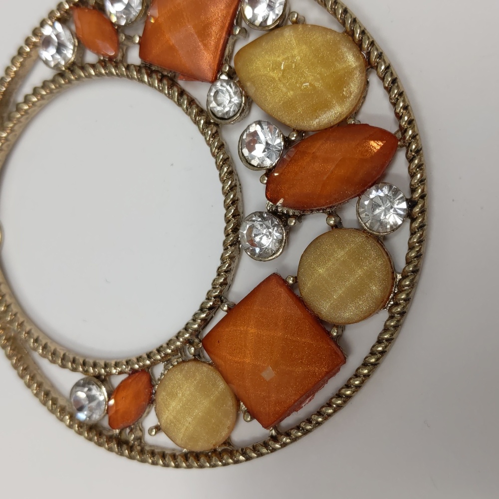 Large Circle Dangle Earrings Orange Yellow Rhinestones Gold Tone Piereced - Picture 7 of 7